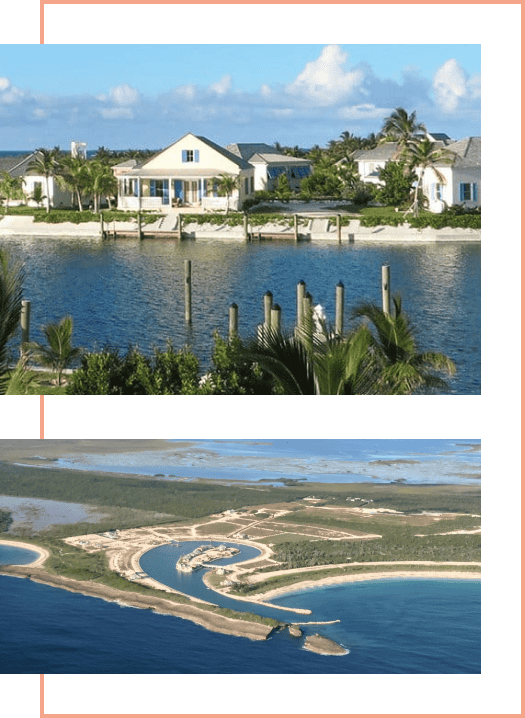 Collage of two tropical water views: top – waterfront homes with docks along a canal; bottom – aerial view of a resort with circular lagoons and beaches.